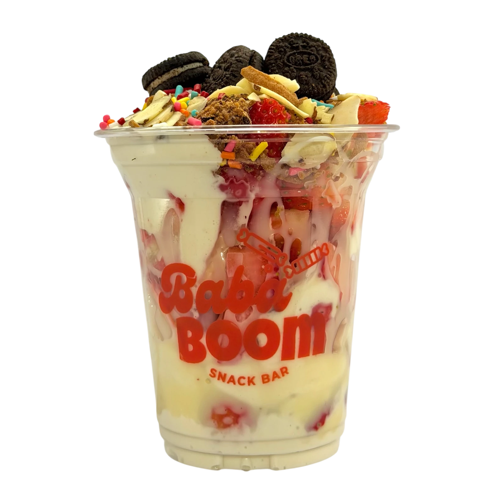 Vaso de fresas con crema y toppings BabaBoom