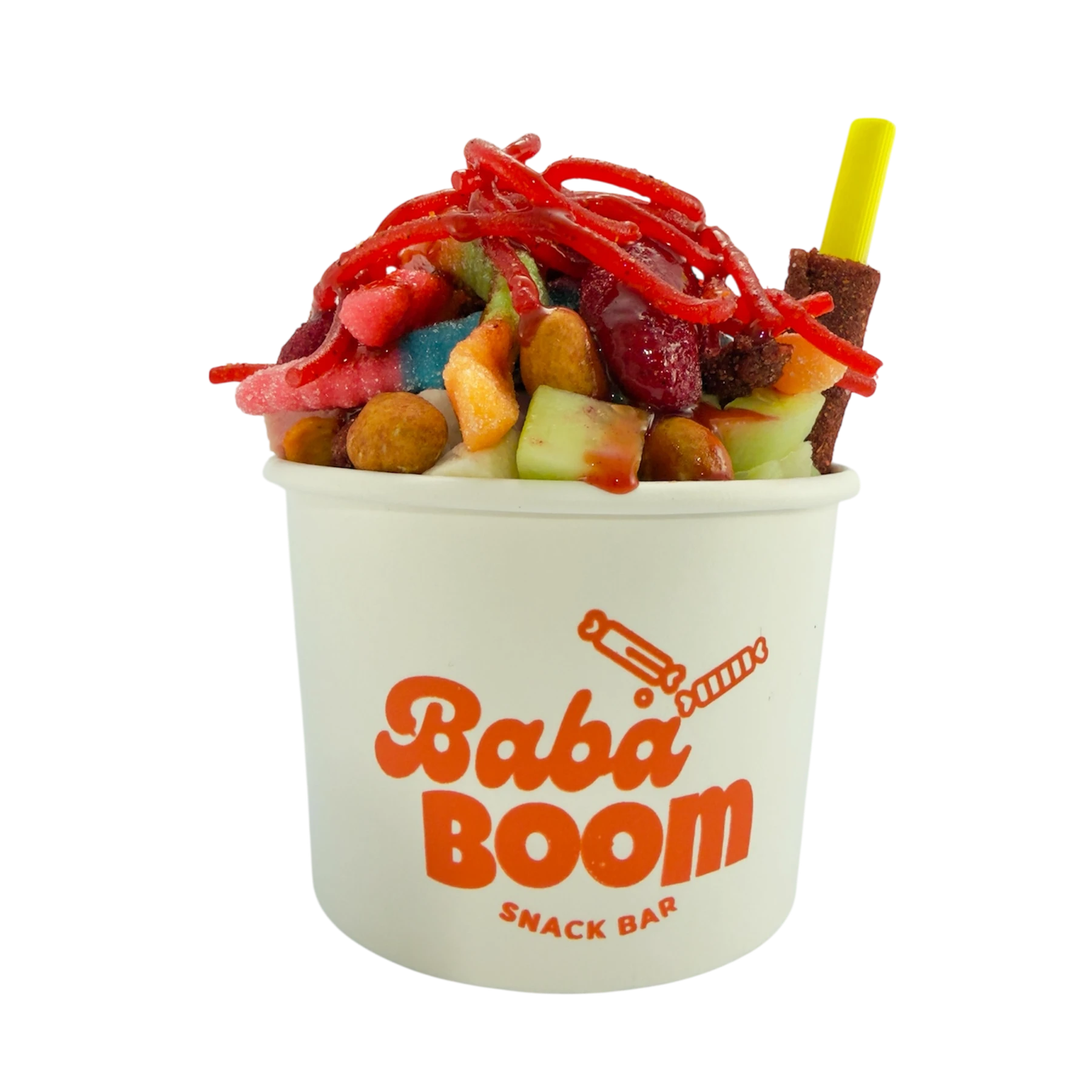 Vaso de papas locas con dulces y toppings BabaBoom
